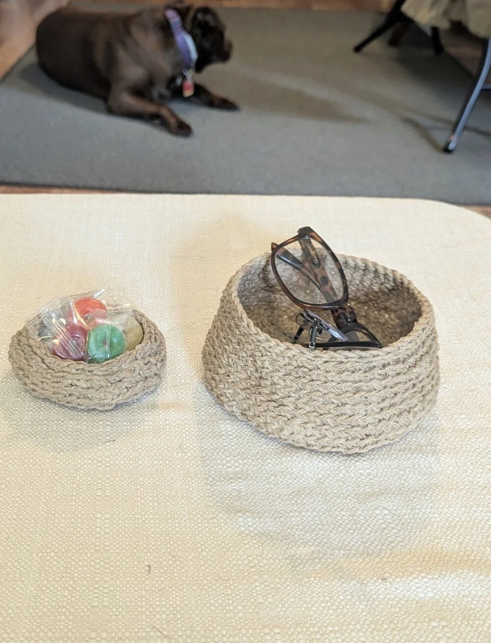 Crocheted Natural Honey Jute Crochet Small Storage Bowls